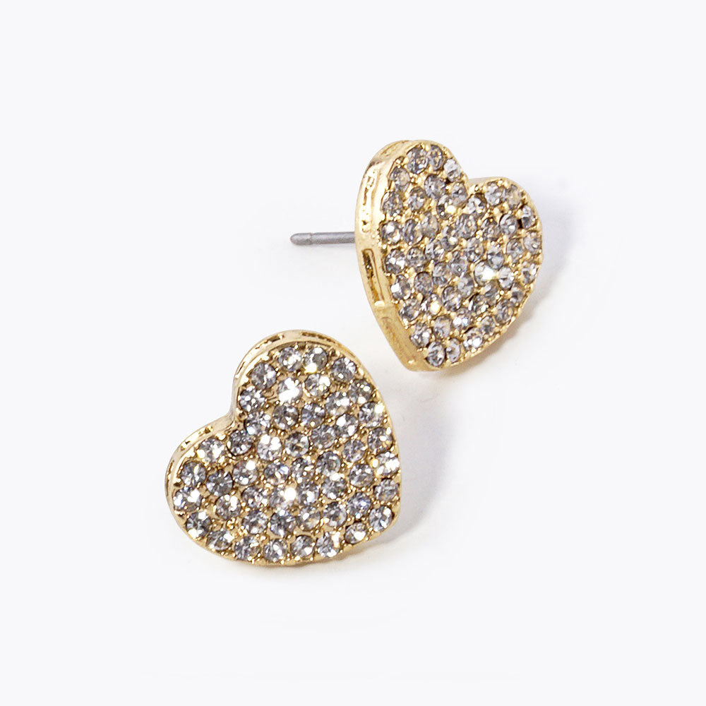 Madeline Love Clear, Gold Crystal Rhinestone Pave Heart Stud Earrings