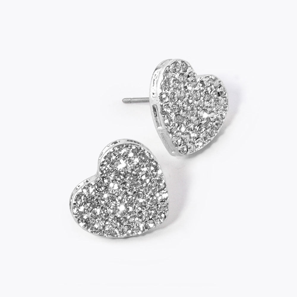 Madeline Love Clear, Rhodium Crystal Rhinestone Pave Heart Stud Earrings