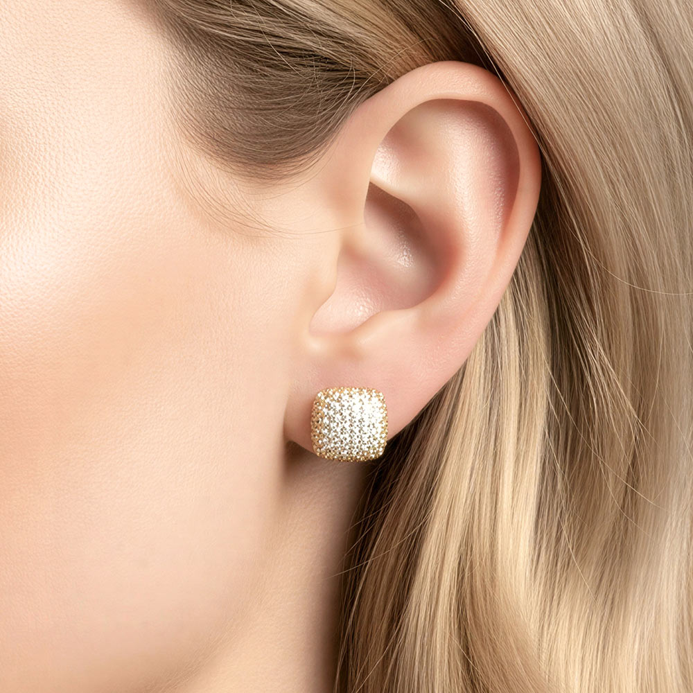 Madeline Love Clear, Gold 14k Gold Dipped CZ Pave Lux Square Stud Earrings