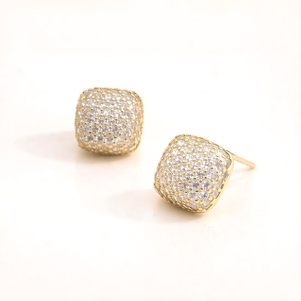 Madeline Love Clear, Gold 14k Gold Dipped CZ Pave Lux Square Stud Earrings - desc