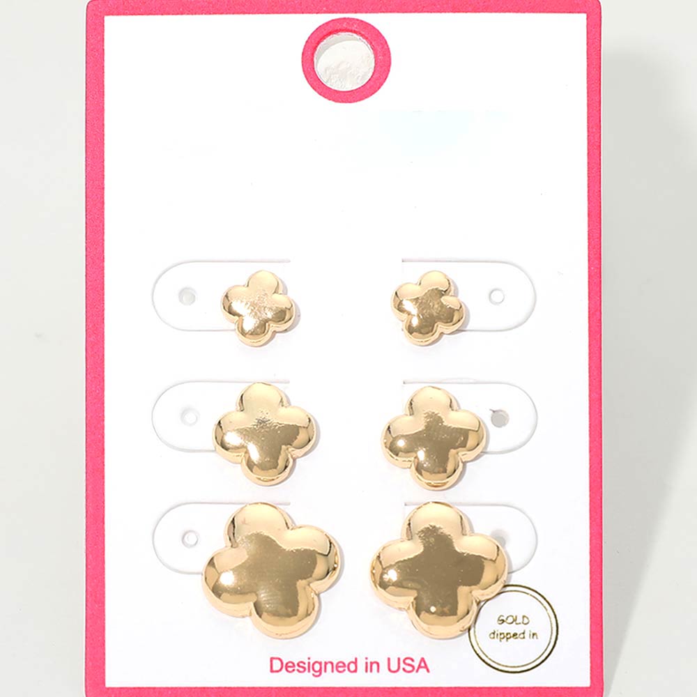 Madeline Love Gold 3Pairs - Gold Dipped Metal Quatrefoil Stud Earring Set - Earrings