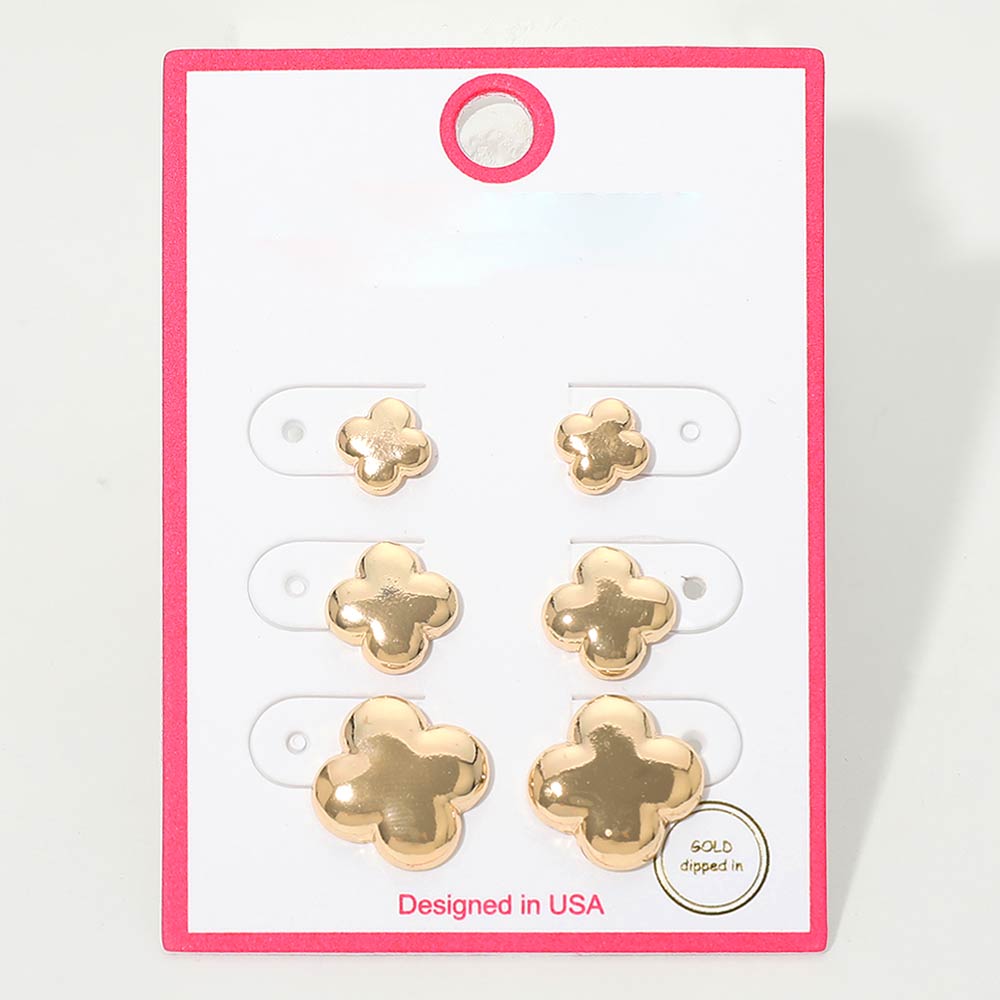 Madeline Love Gold 3Pairs - Gold Dipped Metal Quatrefoil Stud Earring Set - Earrings - desc
