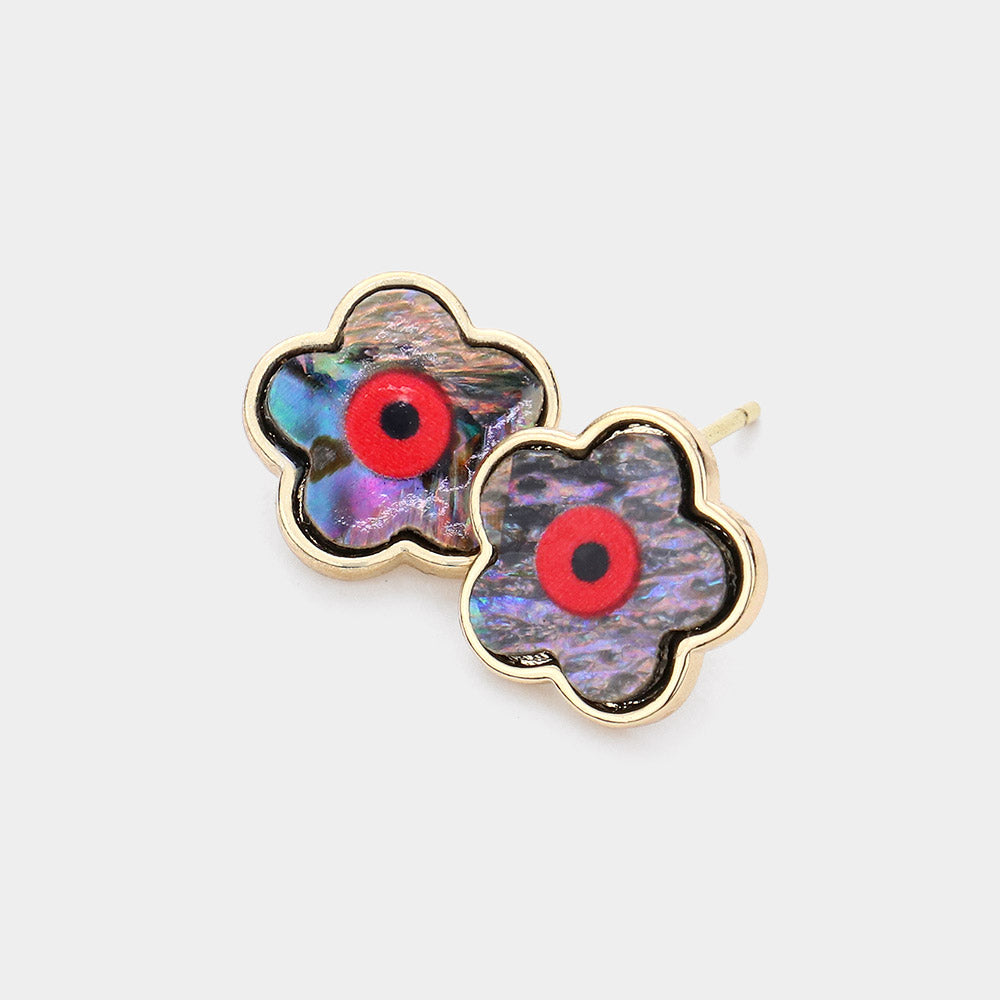 Madeline Love Abalone Brass Metal Trimmed Evil Eye Accented Abalone Flower Stud Earrings
