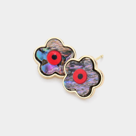 Madeline Love Abalone Brass Metal Trimmed Evil Eye Accented Abalone Flower Stud Earrings