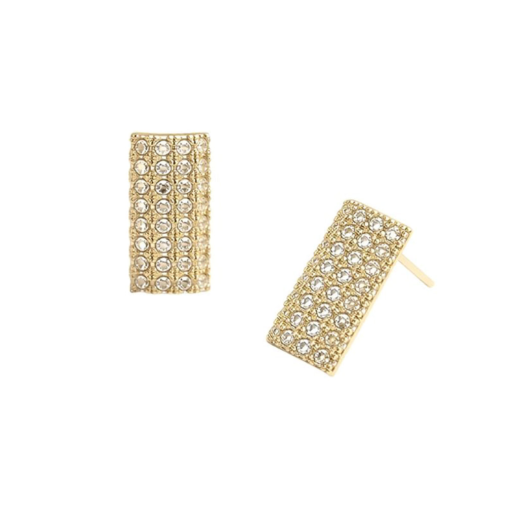 Madeline Love Clear, Gold 14K Gold Dipped CZ Pave Rectangle Stud Earrings - desc