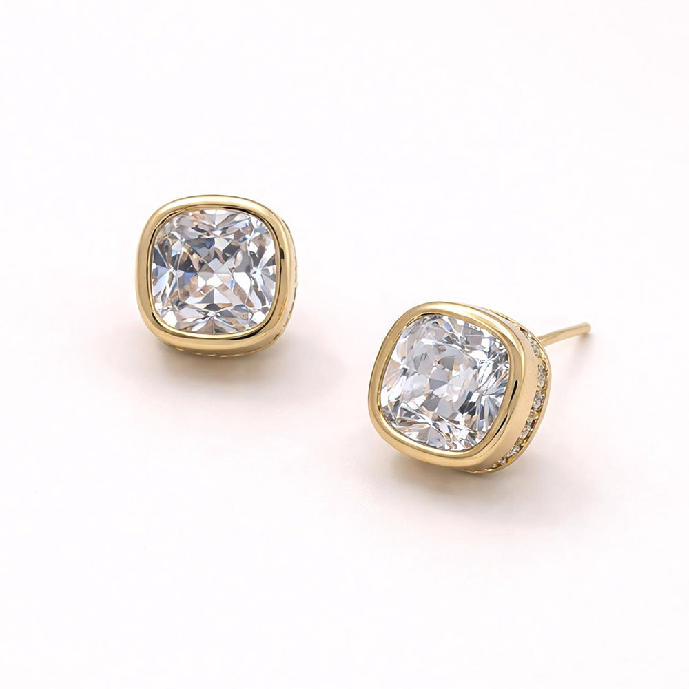 Madeline Love Clear, Gold 14K Gold Dipped Cushion Cut Elegance CZ Stud Earrings