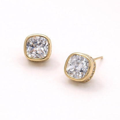 Madeline Love Clear, Gold 14K Gold Dipped Cushion Cut Elegance CZ Stud Earrings