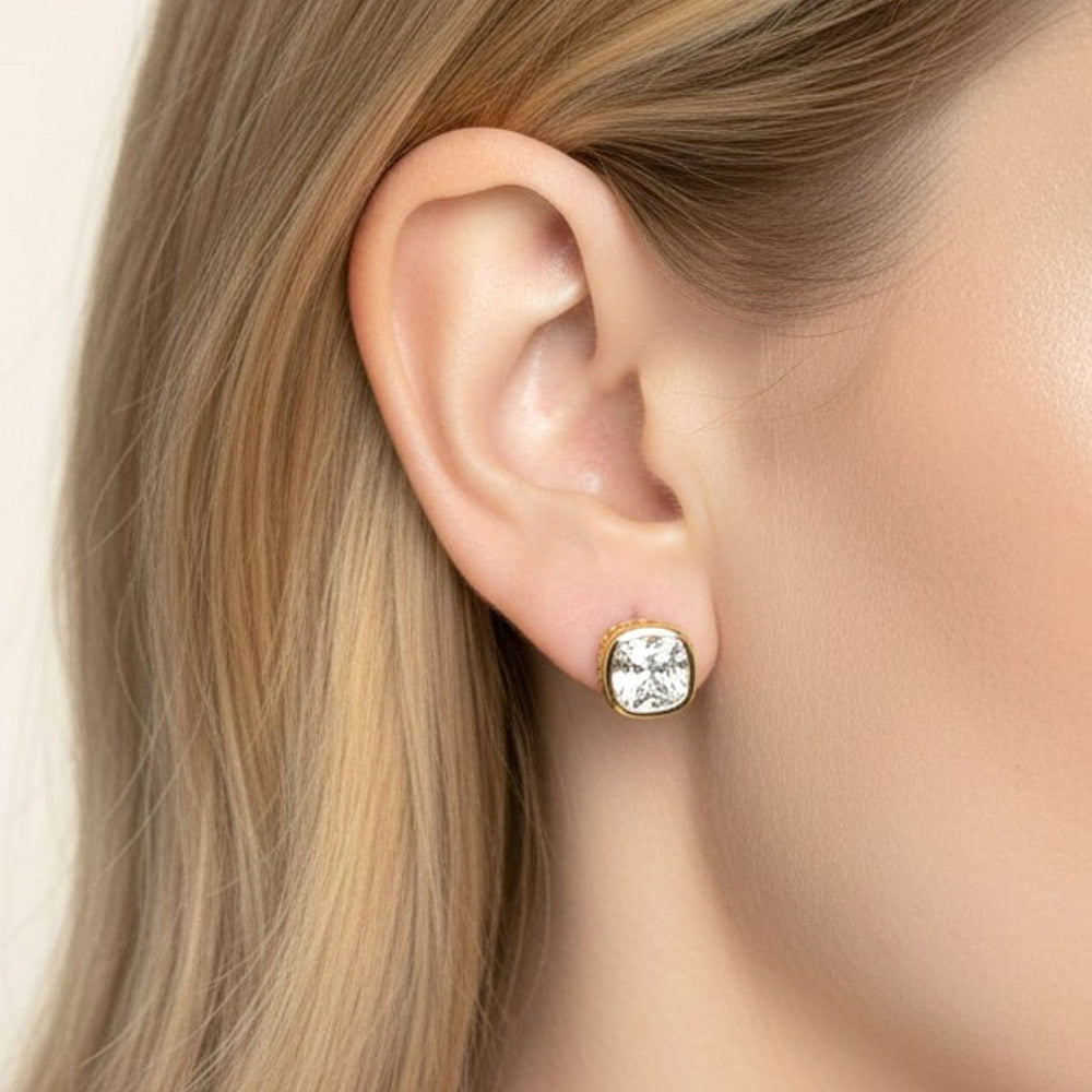 Madeline Love Clear, Gold 14K Gold Dipped Cushion Cut Elegance CZ Stud Earrings - extra