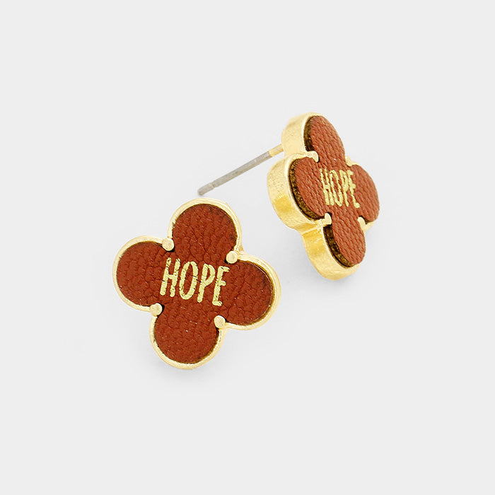 Madeline Love Brown, Worn Gold "Hope" Leather Quatrefoil Clover Stud Earring - Earrings
