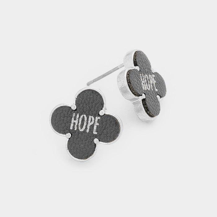 Madeline Love Gray, Worn Silver "Hope" Leather Quatrefoil Clover Stud Earring - Earrings