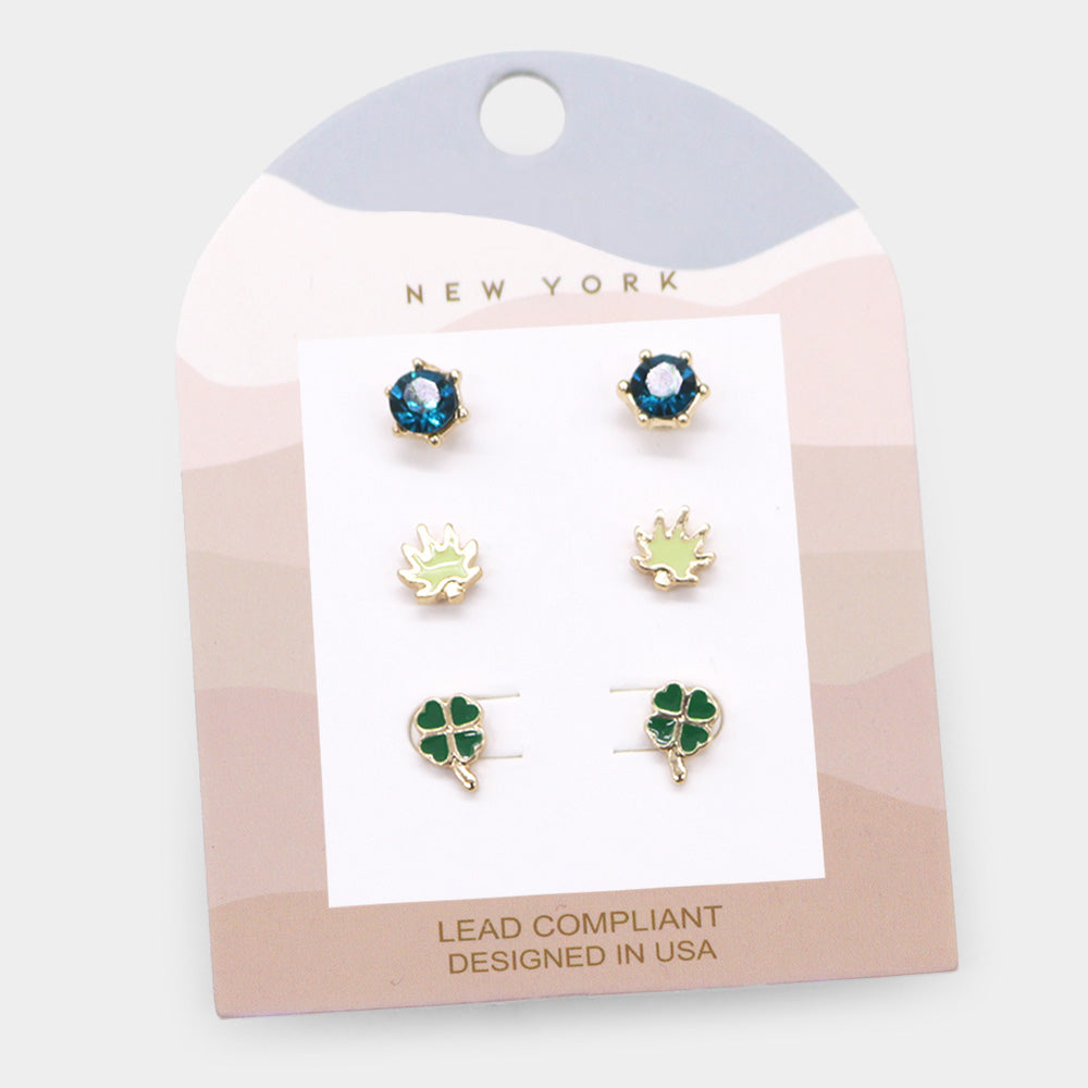 Madeline Love Gold 3Pairs - Round Stone Enamel Leaf Clover Stud Earrings