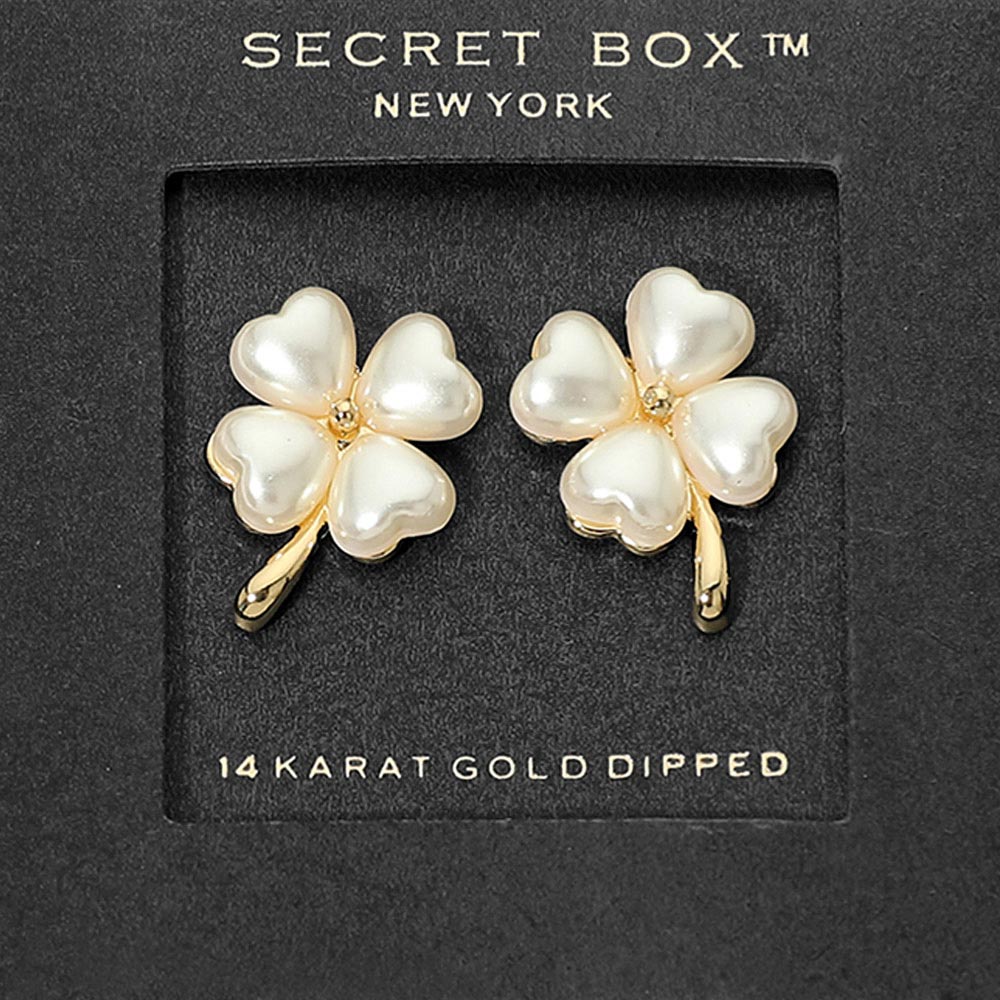 Madeline Love Gold SECRET BOX_14K Gold Dipped Pearl Four Leaf Clover Stud Earrings