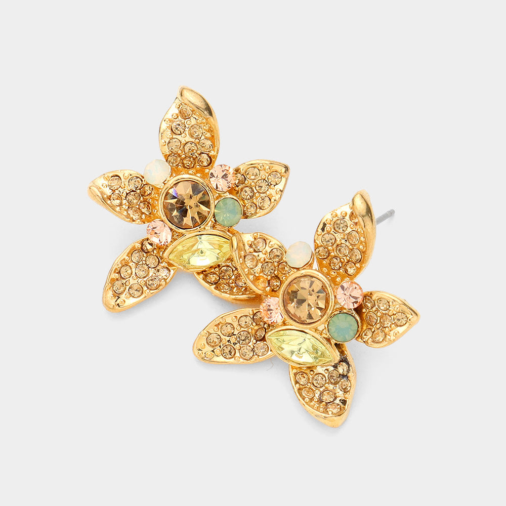Madeline Love Gold, Lt Col Topaz, Lt Rose, Opal Crystal Pave Flower Stud Earrings
