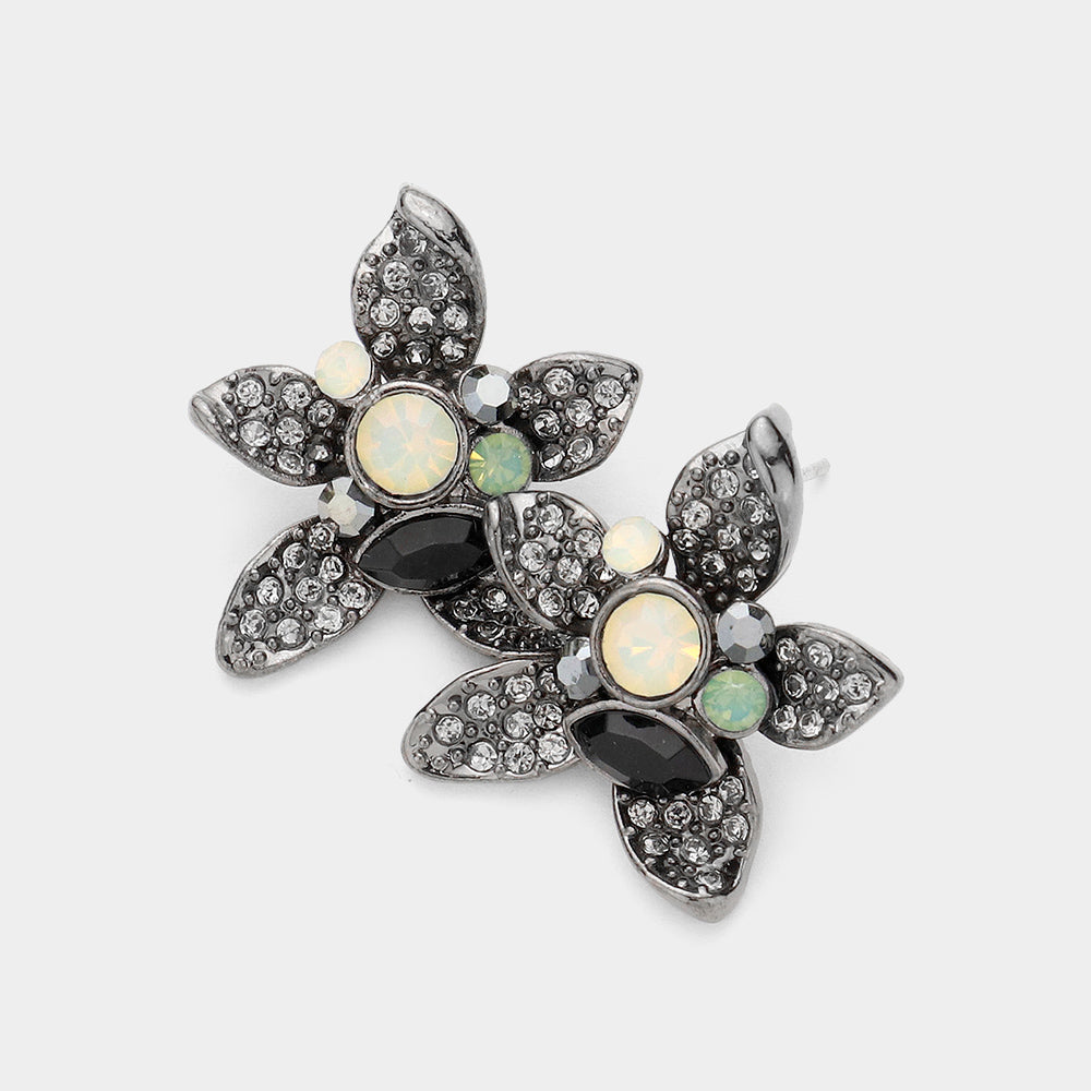 Madeline Love Black Diamond, Jet Hematite, Opal Crystal Pave Flower Stud Earrings