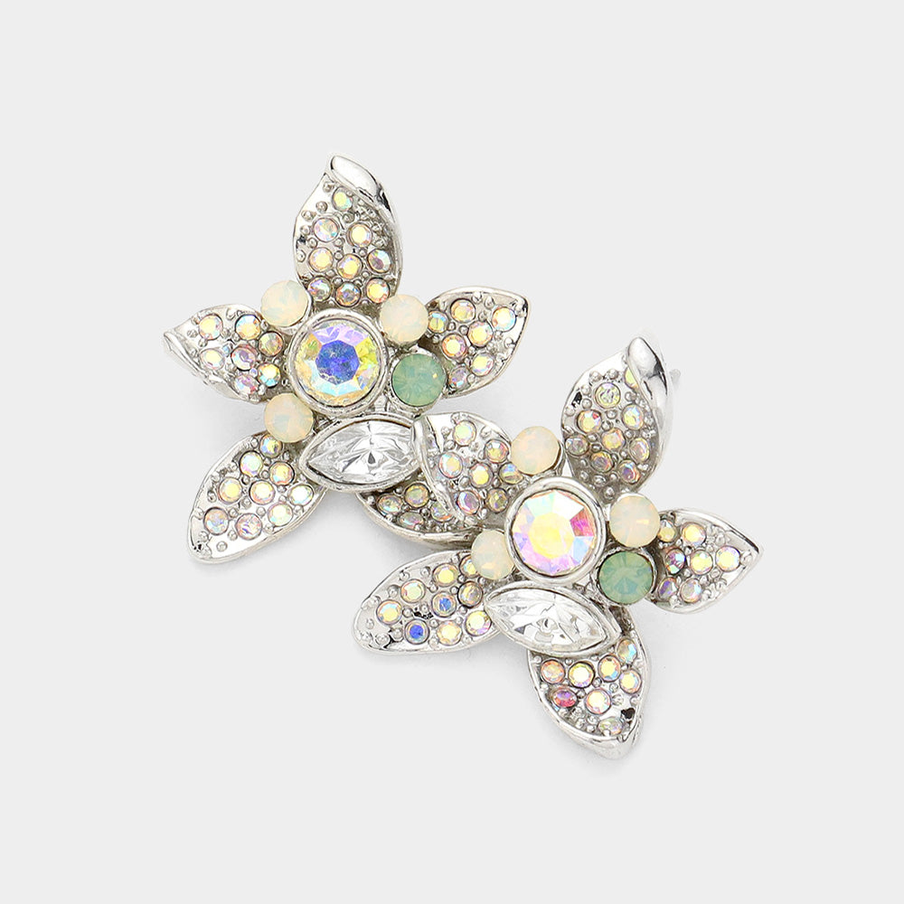 Madeline Love Opal, Peach, Rhodium Crystal Pave Flower Stud Earrings