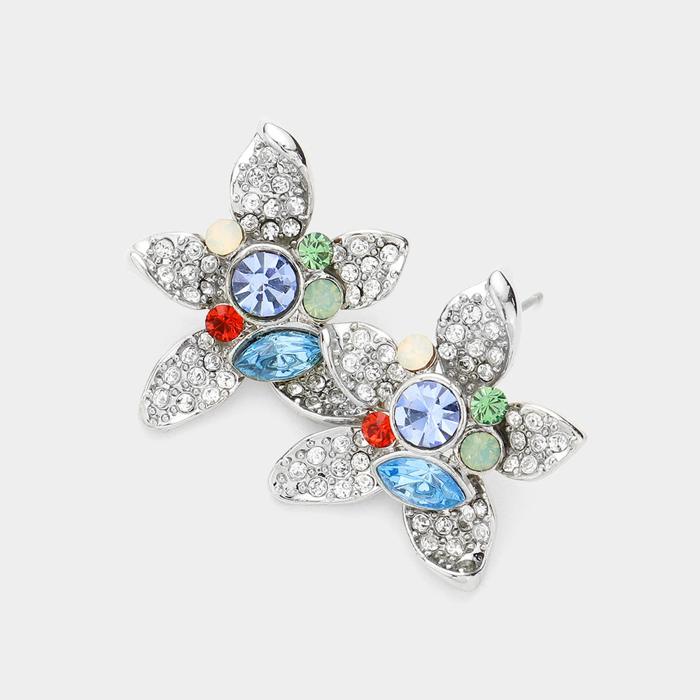 Madeline Love Aqua, Rhodium, Sapphire Crystal Pave Flower Stud Earrings