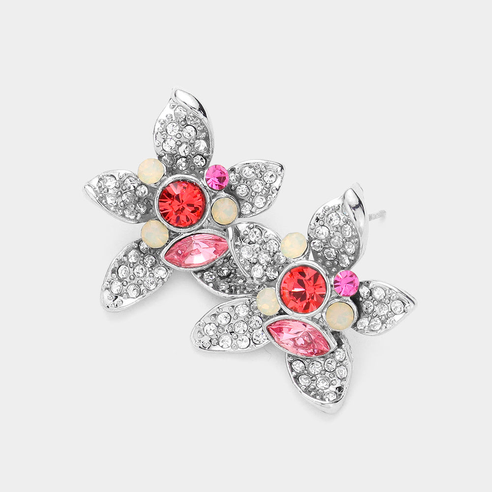Madeline Love Opal, Pink, Rhodium Crystal Pave Flower Stud Earrings
