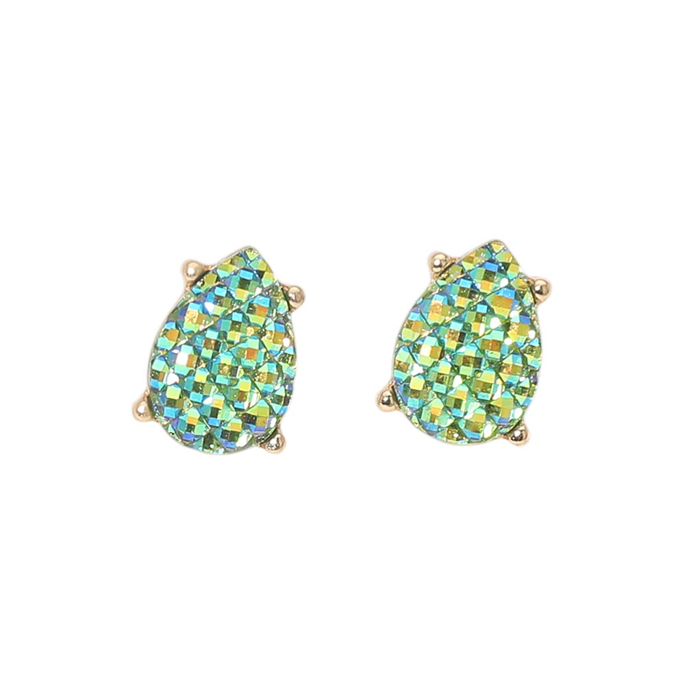 Madeline Love Green, Light Iridescent Textured Teardrop Cluster Stud Earrings - desc