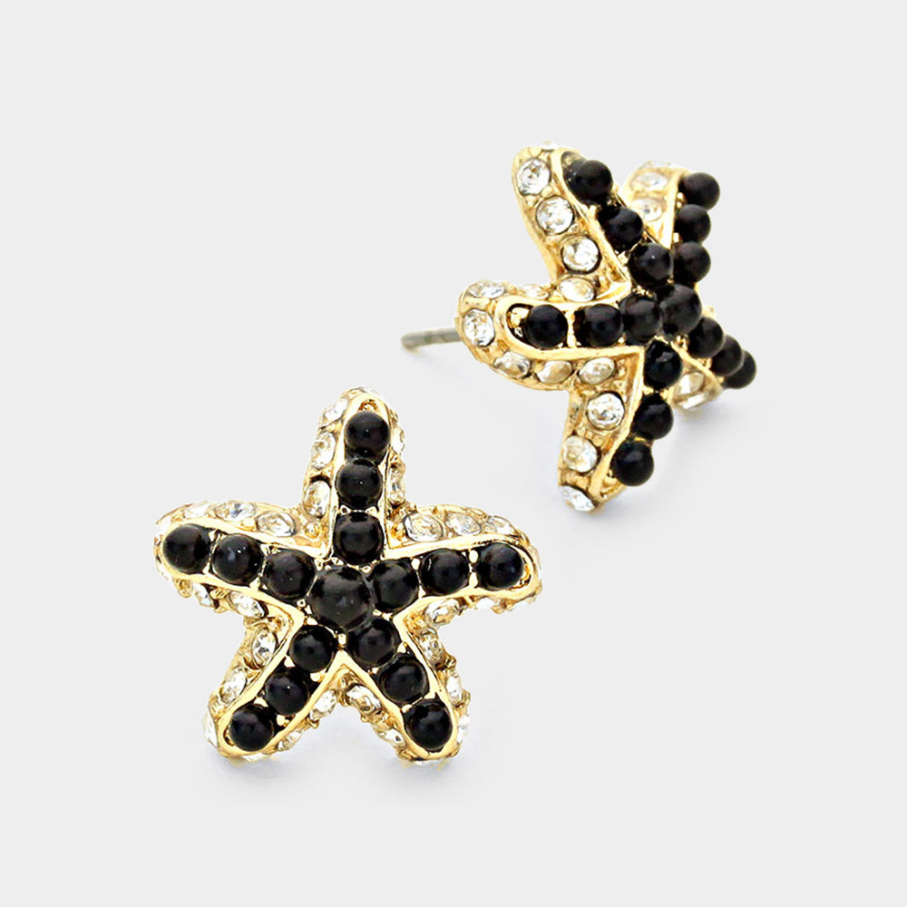 Gold, Clear, Black Crystal & bead starfish stud earrings
