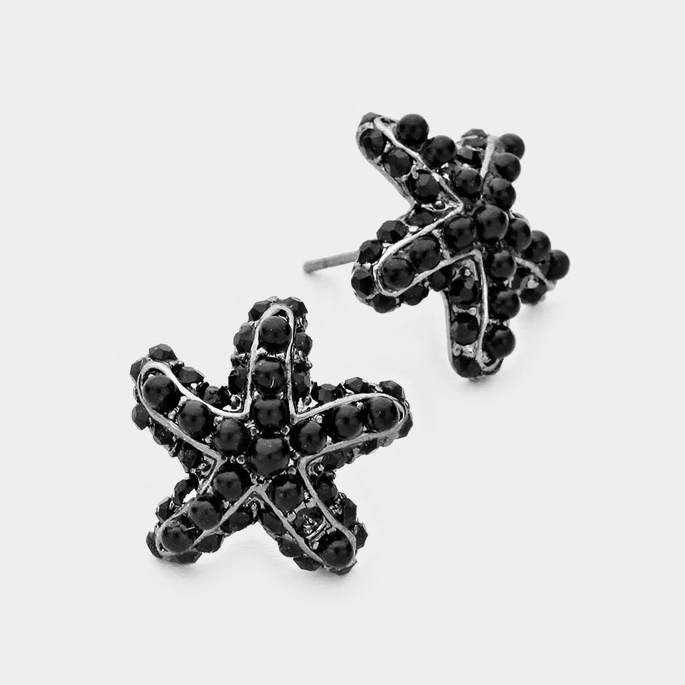 Hematite, Black Crystal & bead starfish stud earrings