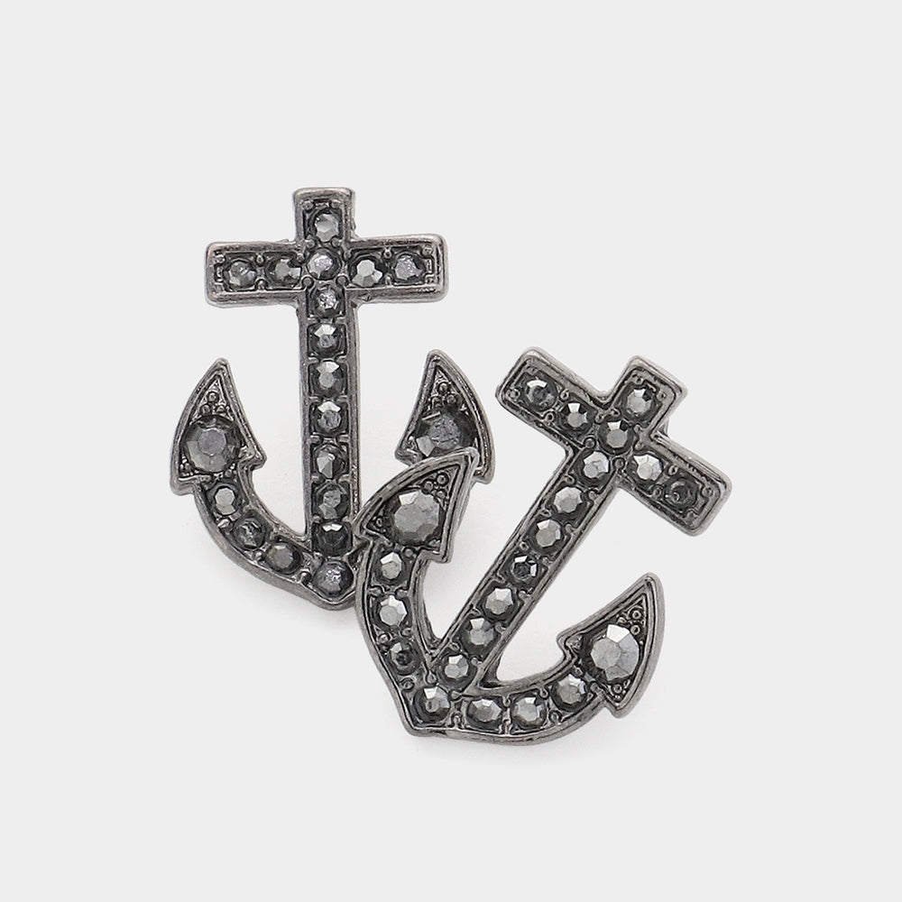 Hematite Stone Paved Anchor Stud Earrings