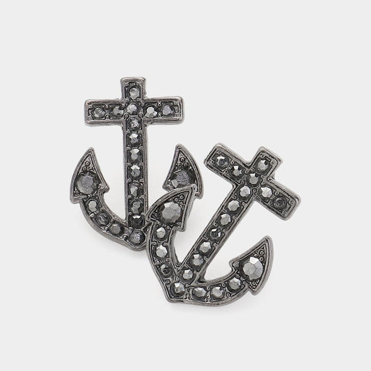 Hematite Stone Paved Anchor Stud Earrings