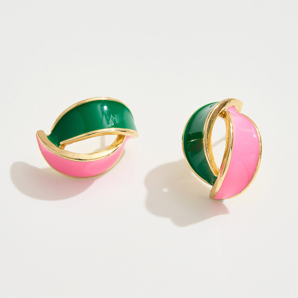 Madeline Love Gold, Pink&Green 14K Gold Dipped Enamel Wave Stud Earrings - desc