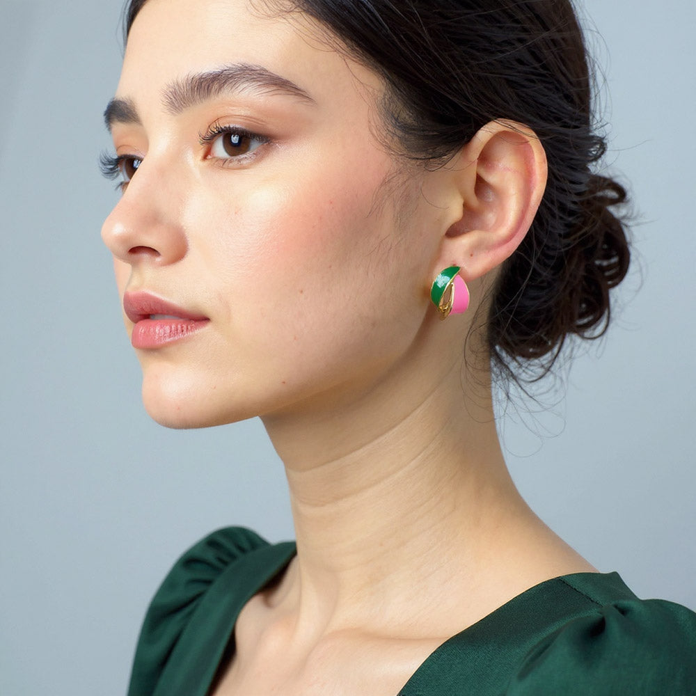Madeline Love Gold, Pink&Green 14K Gold Dipped Enamel Wave Stud Earrings - extra