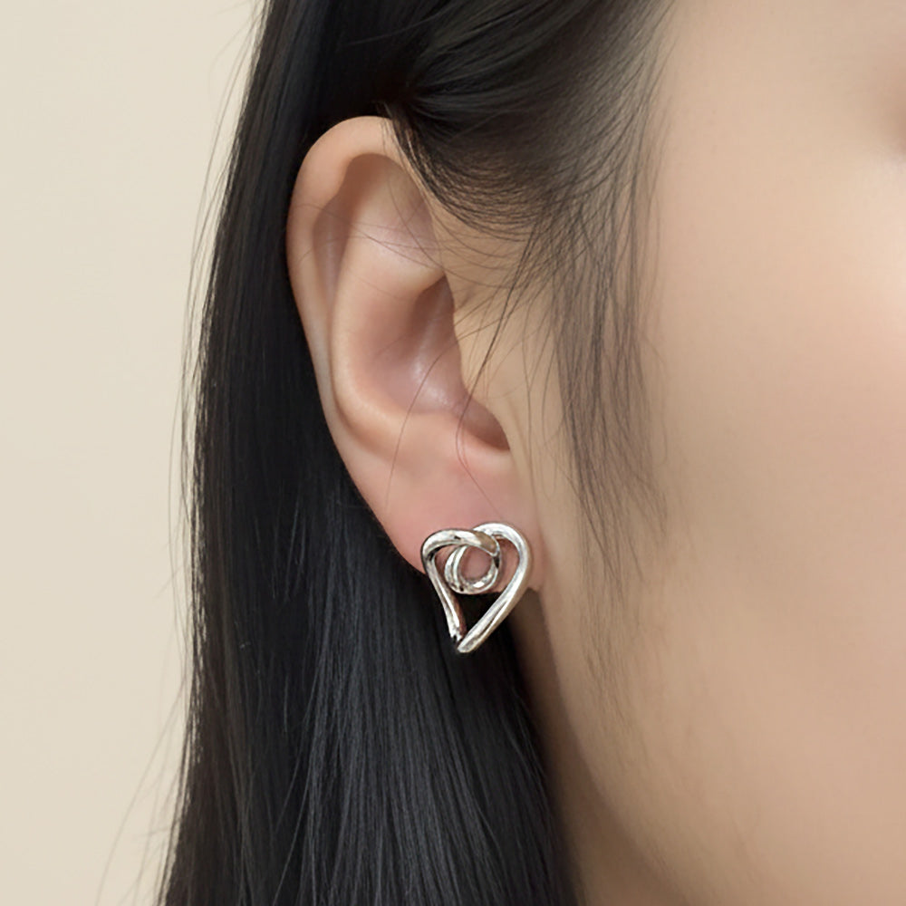 Madeline Love Silver, White Gold White Gold Dipped Heart Knot Stud Earrings - desc