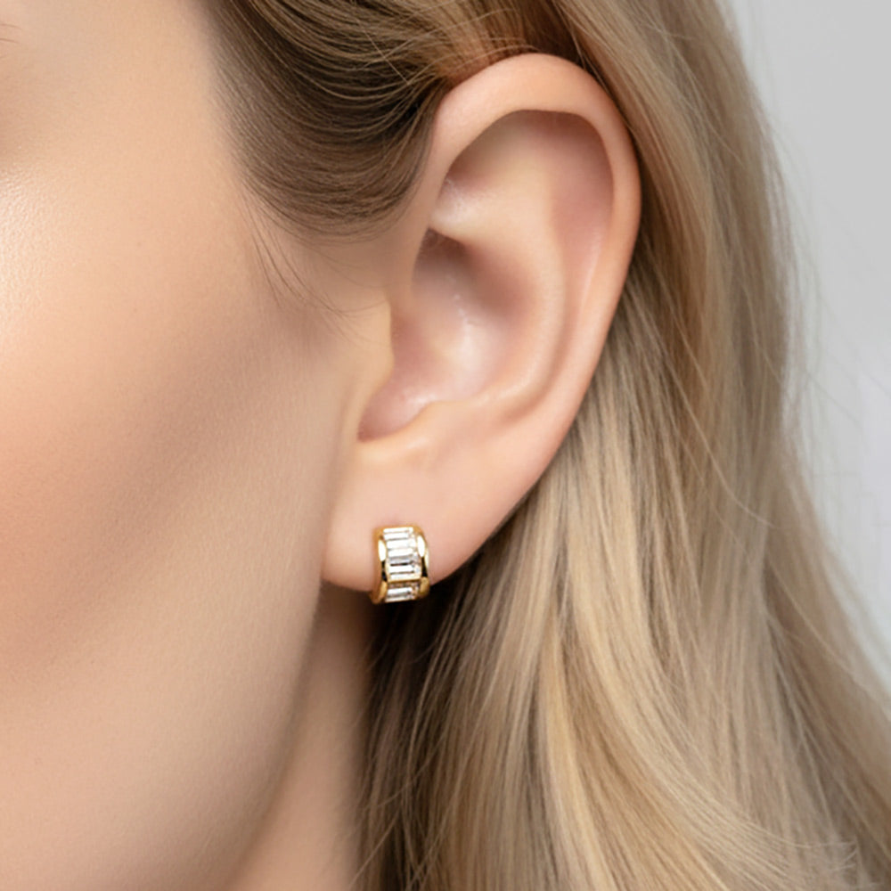 Madeline Love Gold 14K Gold Dipped Baguette CZ Inlay Mini Half Hoop Stud Earrings - desc