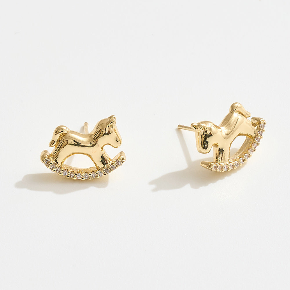 Madeline Love Gold 14K Gold Dipped CZ Pave Rocking Horse Stud Earrings - desc