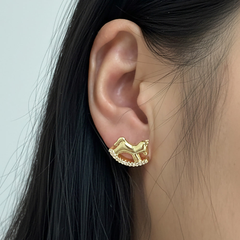 Madeline Love Gold 14K Gold Dipped CZ Pave Rocking Horse Stud Earrings - extra