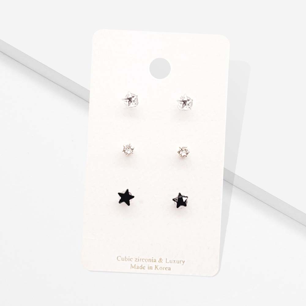 Madeline Love Black 3Pairs - CZ Star Round Stud Earrings