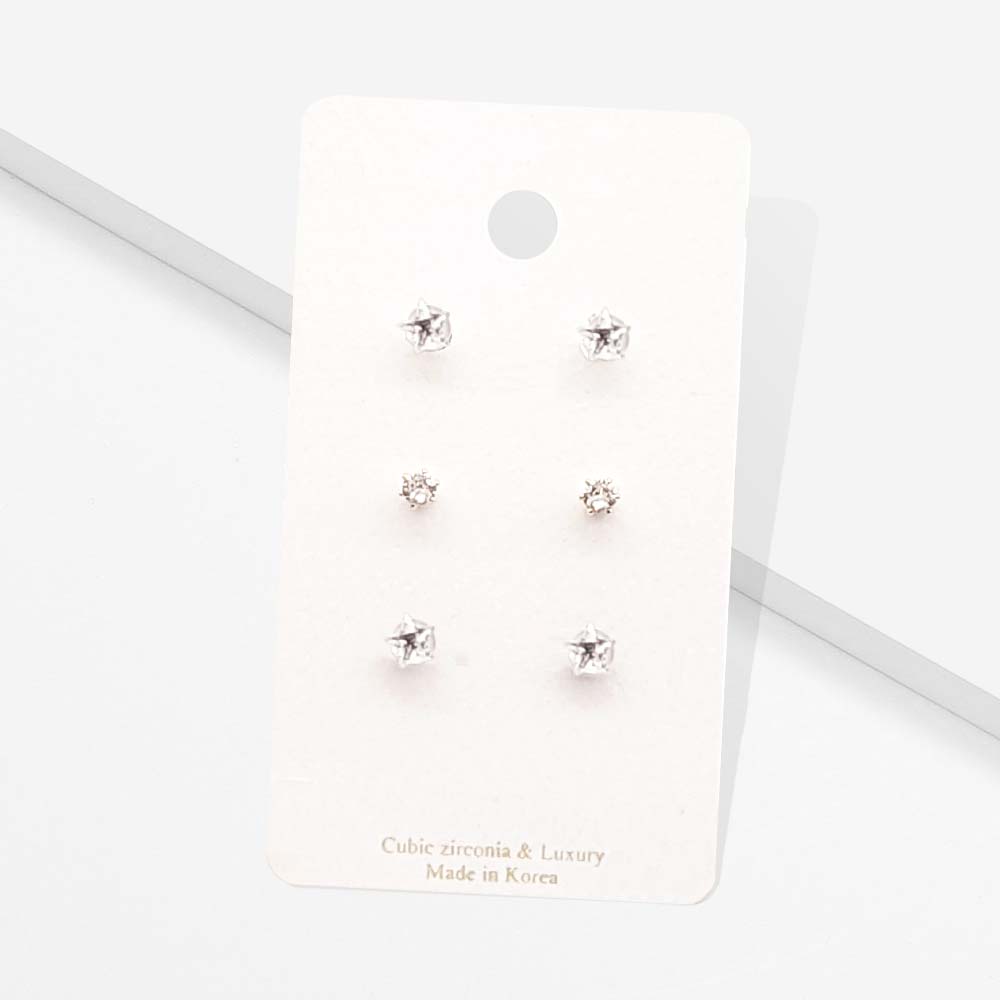 Madeline Love Clear 3Pairs - CZ Star Round Stud Earrings