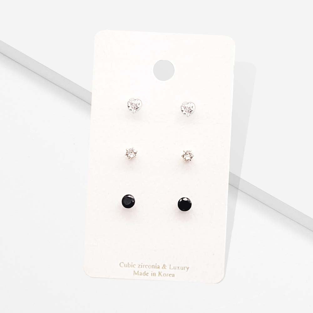 Madeline Love Black 3Pairs - CZ Heart Round Stud Earrings