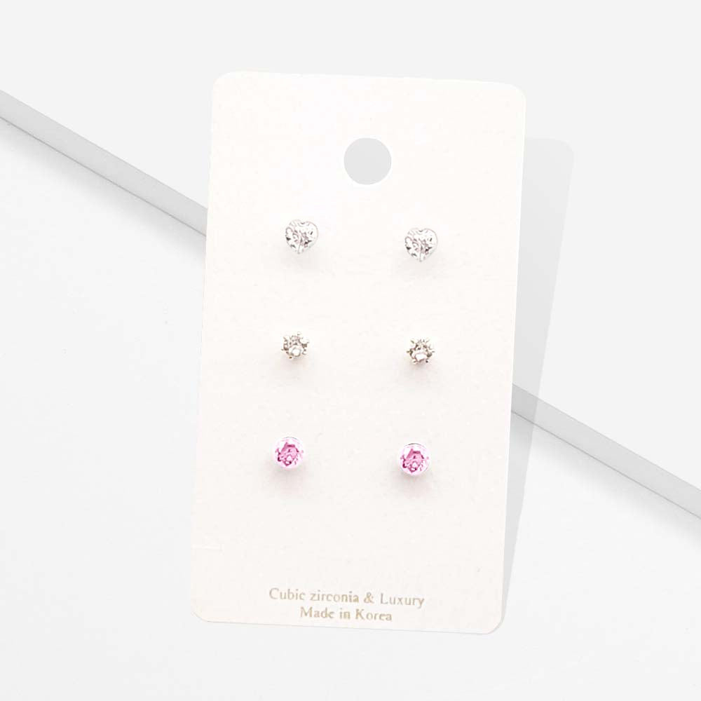 Madeline Love Pink 3Pairs - CZ Heart Round Stud Earrings