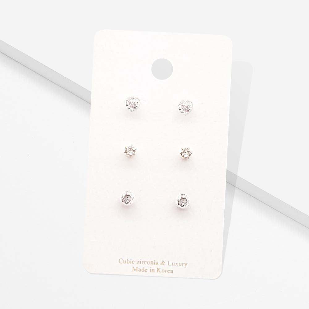 Madeline Love Clear 3Pairs - CZ Heart Round Stud Earrings