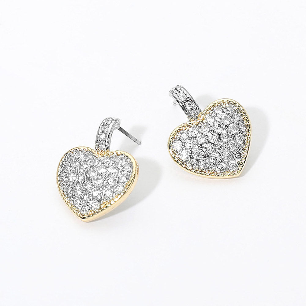 Madeline Love Two Tone 14K Gold Plated CZ Pave Heart Stud Earrings