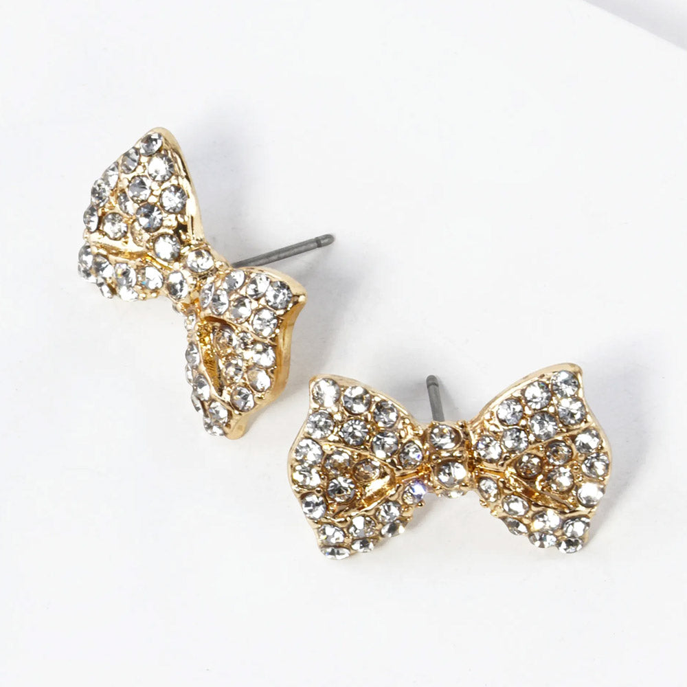 Madeline Love Clear, Gold Crystal Rhinestone Bow Stud Earrings