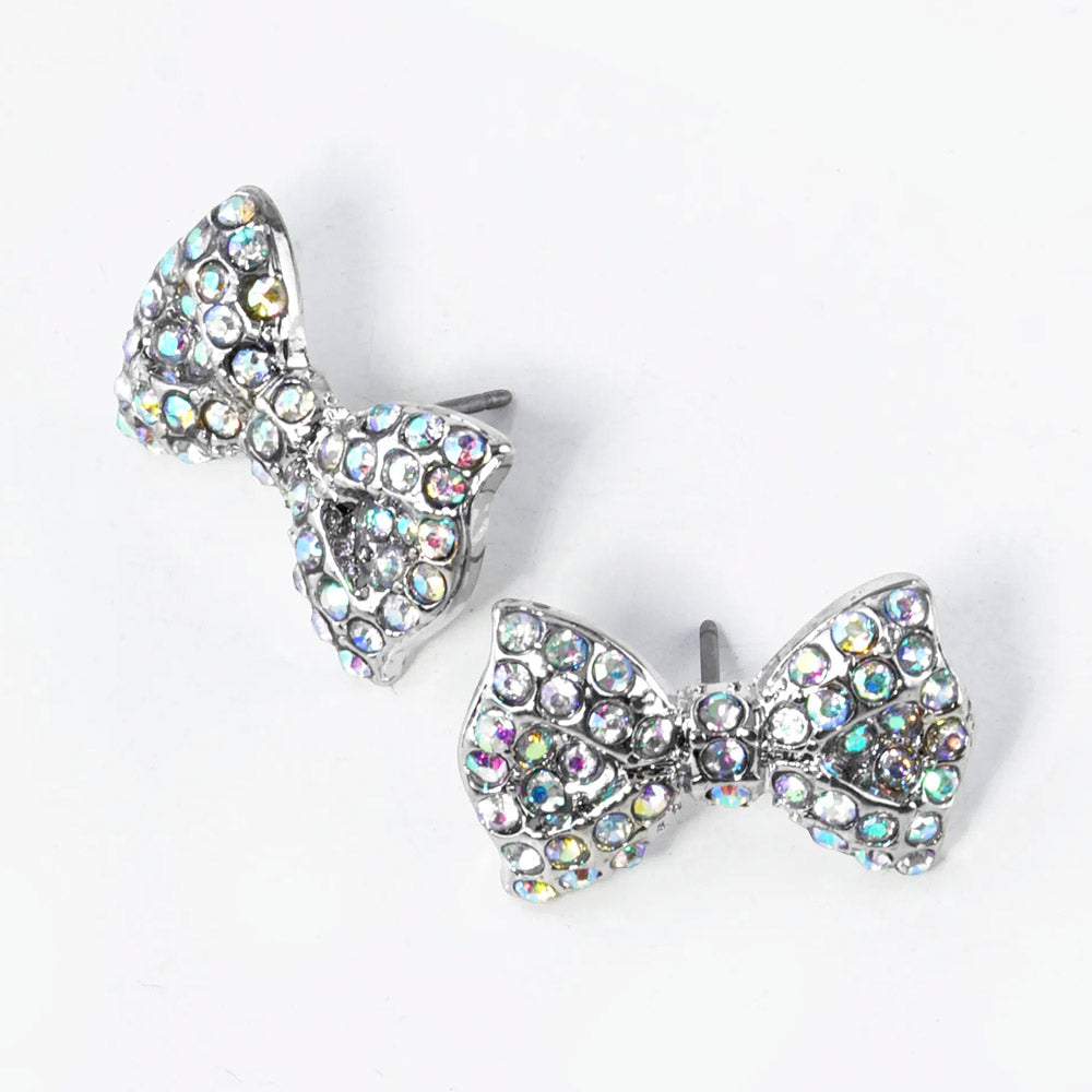 Madeline Love AB, Rhodium Crystal Rhinestone Bow Stud Earrings
