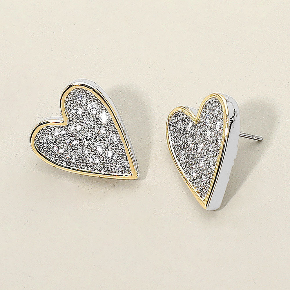 Madeline Love Two Tone 14K Gold Plated Two Tone CZ Stone Paved Heart Stud Earrings