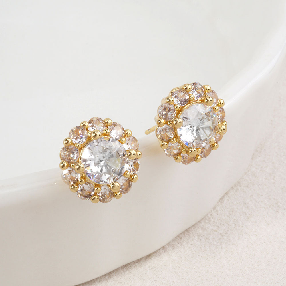 Madeline Love Clear, Gold 14K Gold Dipped Dainty Round Halo CZ Stud Earrings