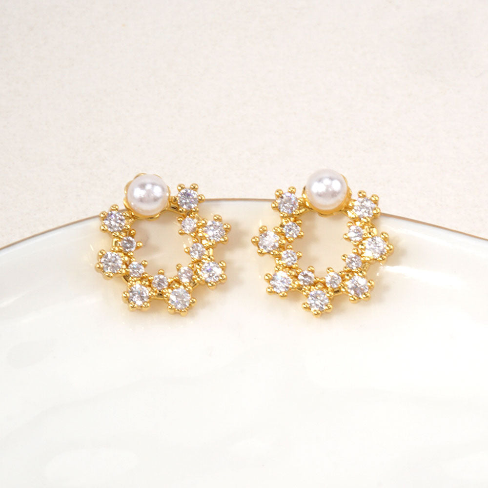 Madeline Love Gold, White 14K Gold Dipped Pearl Accent CZ Open Circle Stud Earrings