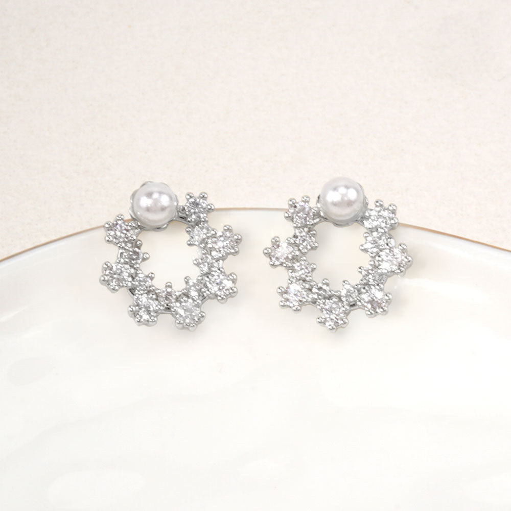 Madeline Love Rhodium, White 14K Gold Dipped Pearl Accent CZ Open Circle Stud Earrings