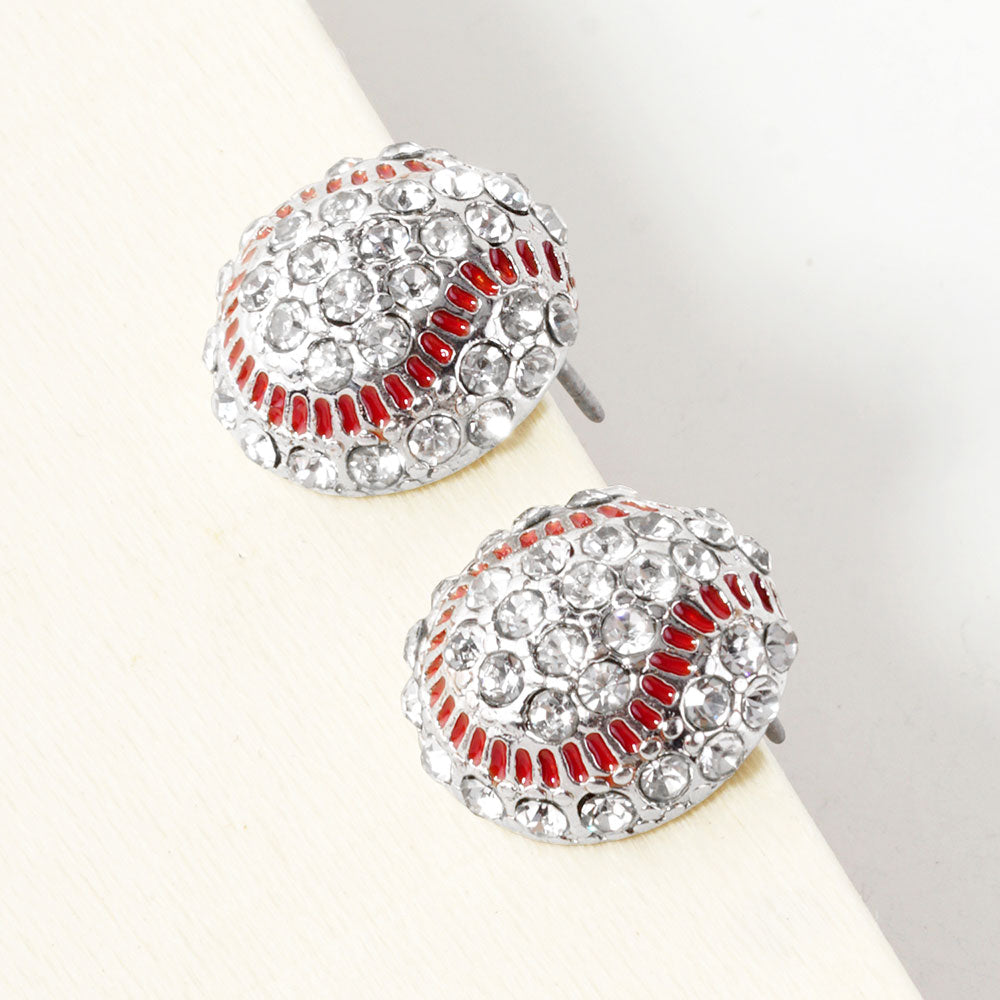 Madeline Love Clear, Red, Rhodium Crystal Rhinestone Paved Baseball Stud Earrings