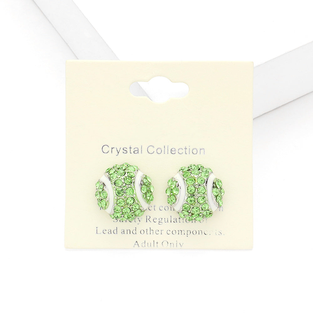 Peridot, Rhodium Crystal Rhinestone Paved Tennis ball Stud Earrings