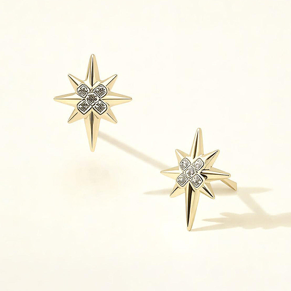 Madeline Love Clear, Gold 14K Gold Dipped CZ Pave North Star Stud Earrings