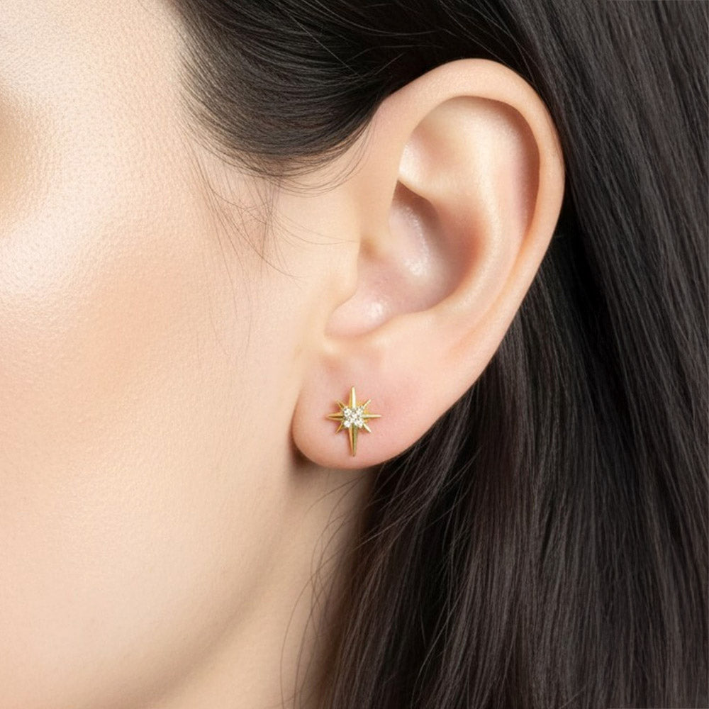 Madeline Love Clear, Gold 14K Gold Dipped CZ Pave North Star Stud Earrings - extra