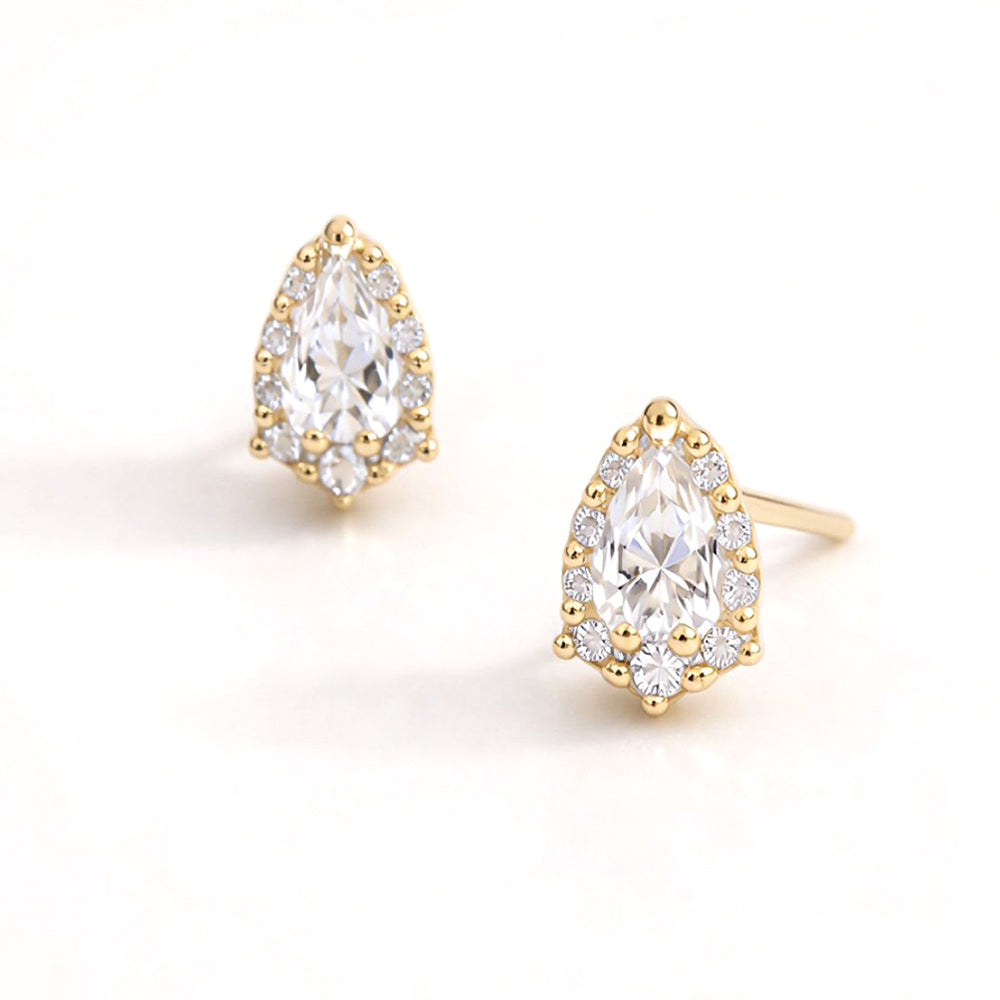 Madeline Love Clear, Gold 14K Gold Dipped CZ Pave Pear Cut Stud Earrings - desc