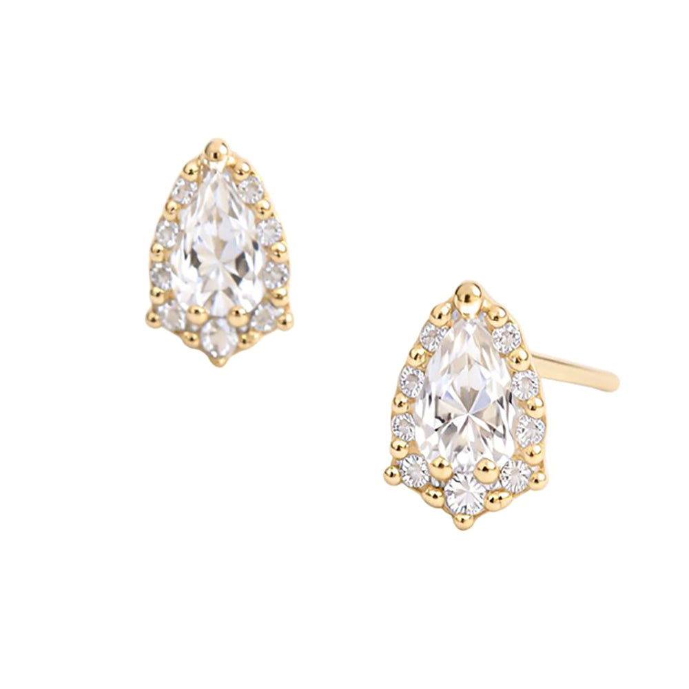 Madeline Love Clear, Gold 14K Gold Dipped CZ Pave Pear Cut Stud Earrings - extra